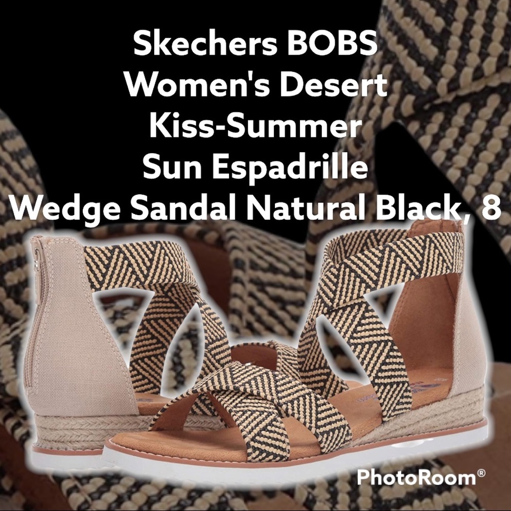 Skechers BOBS Desert Kiss-Summer Sun Espadrille Wedge Sandal, Natural/Black, 8